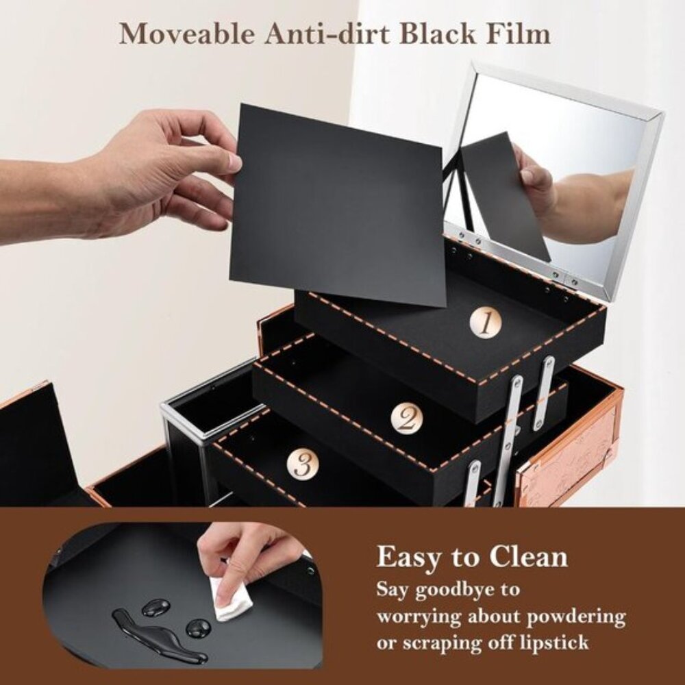 New 11.8In Rose Gold Makeup Case with Mirror, Portable Cosmetic Organizer Box - Picture 8 of 9